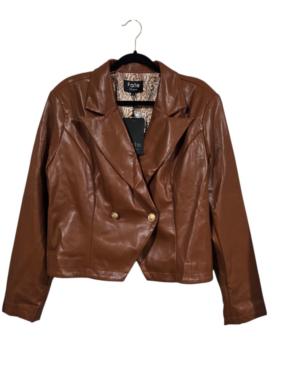 Fate Cropped Double-Breasted Vegan Leather Jacket in Brown 1X
